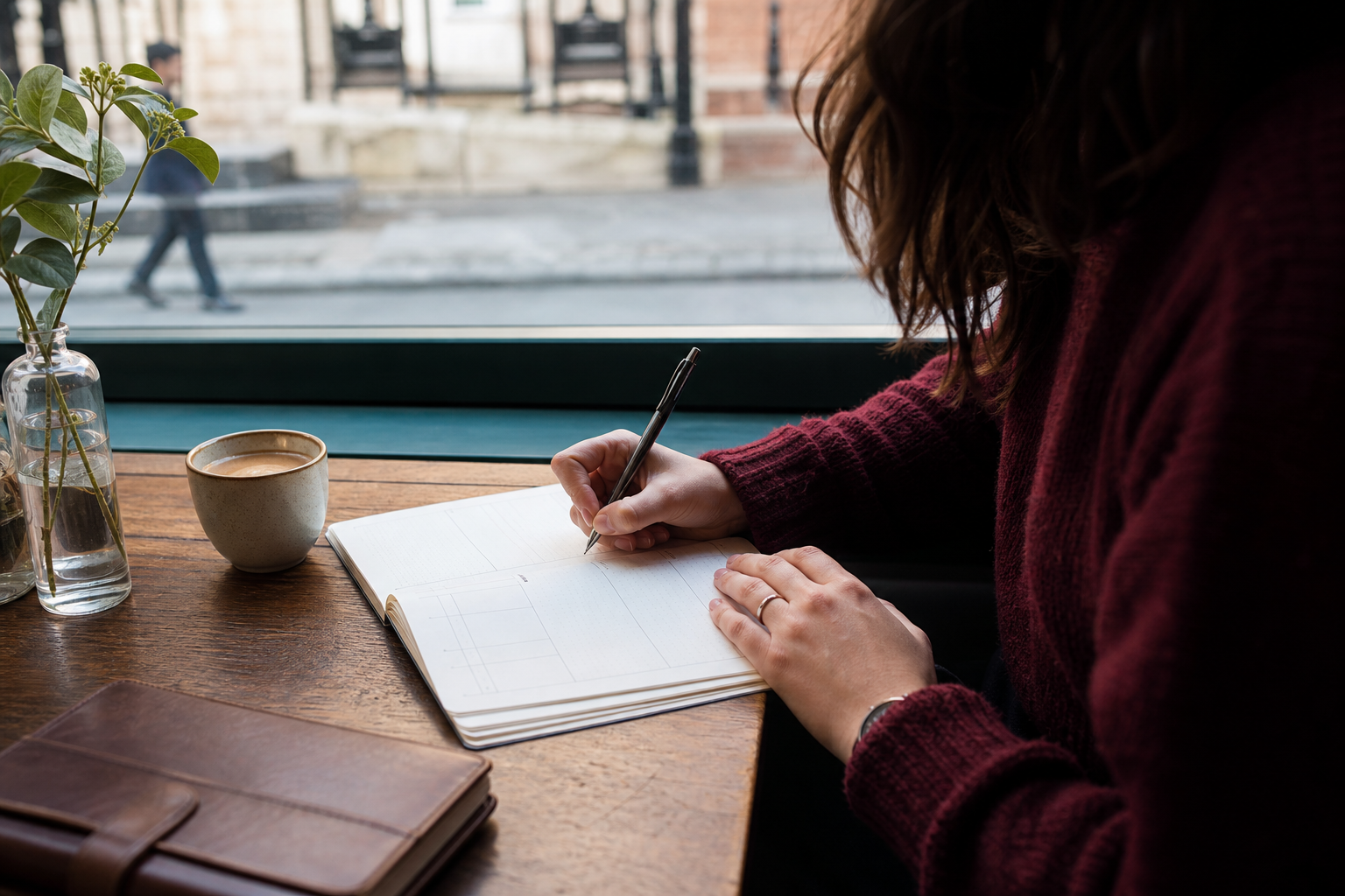 Person writing in a habit journal at a cafe by Sievevital